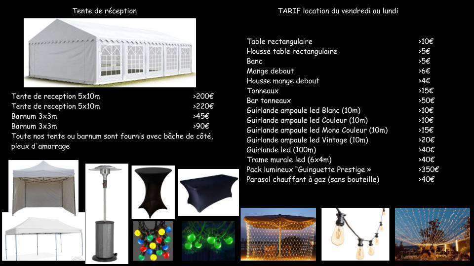 Location de tente de réception, barnums, table, banc