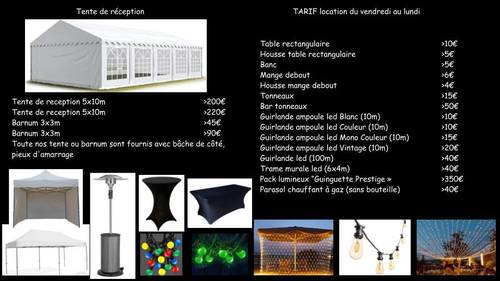 Location de tente de réception, barnums, table, banc